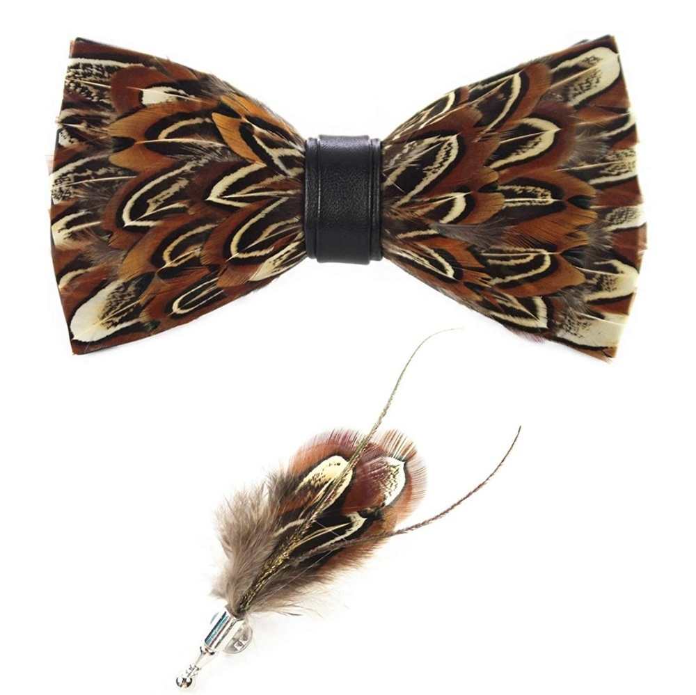 Mens Natural Feather Pre Tied Bow tie & Lapel Pin